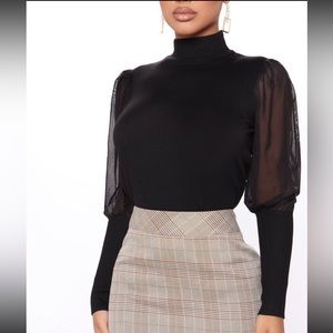 Pullover Sweater Mock Neck with Mesh Puff Sleeves